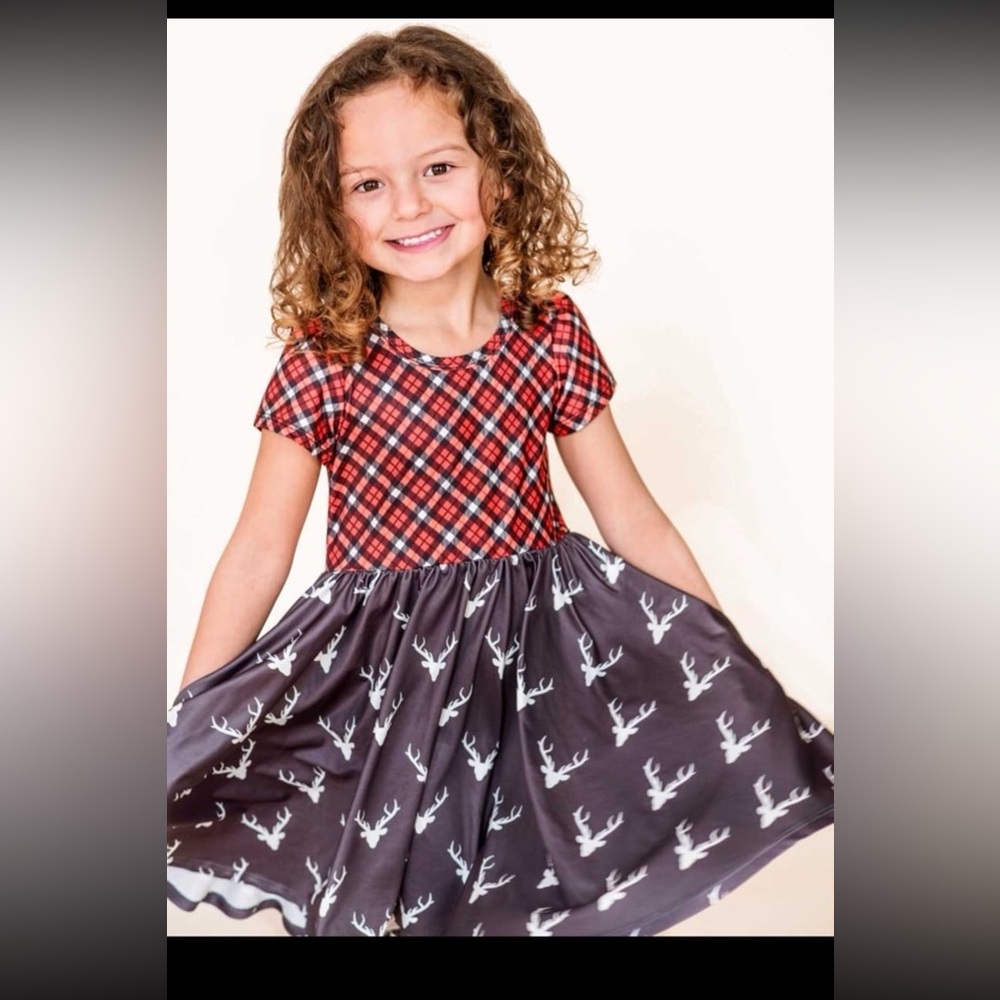 Charlie’s Project Bamboo Christmas Deer Plaid Girls Short Sleeve Twirl 18/24m